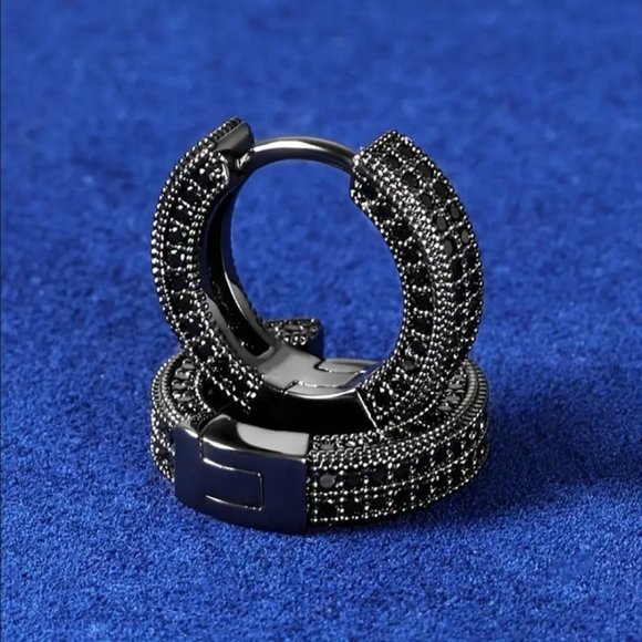 Mens 2ct Black Diamond Round Hoop Earrings Guys Rhodium Silver Jewelry Studs ct - Picture 3 of 9